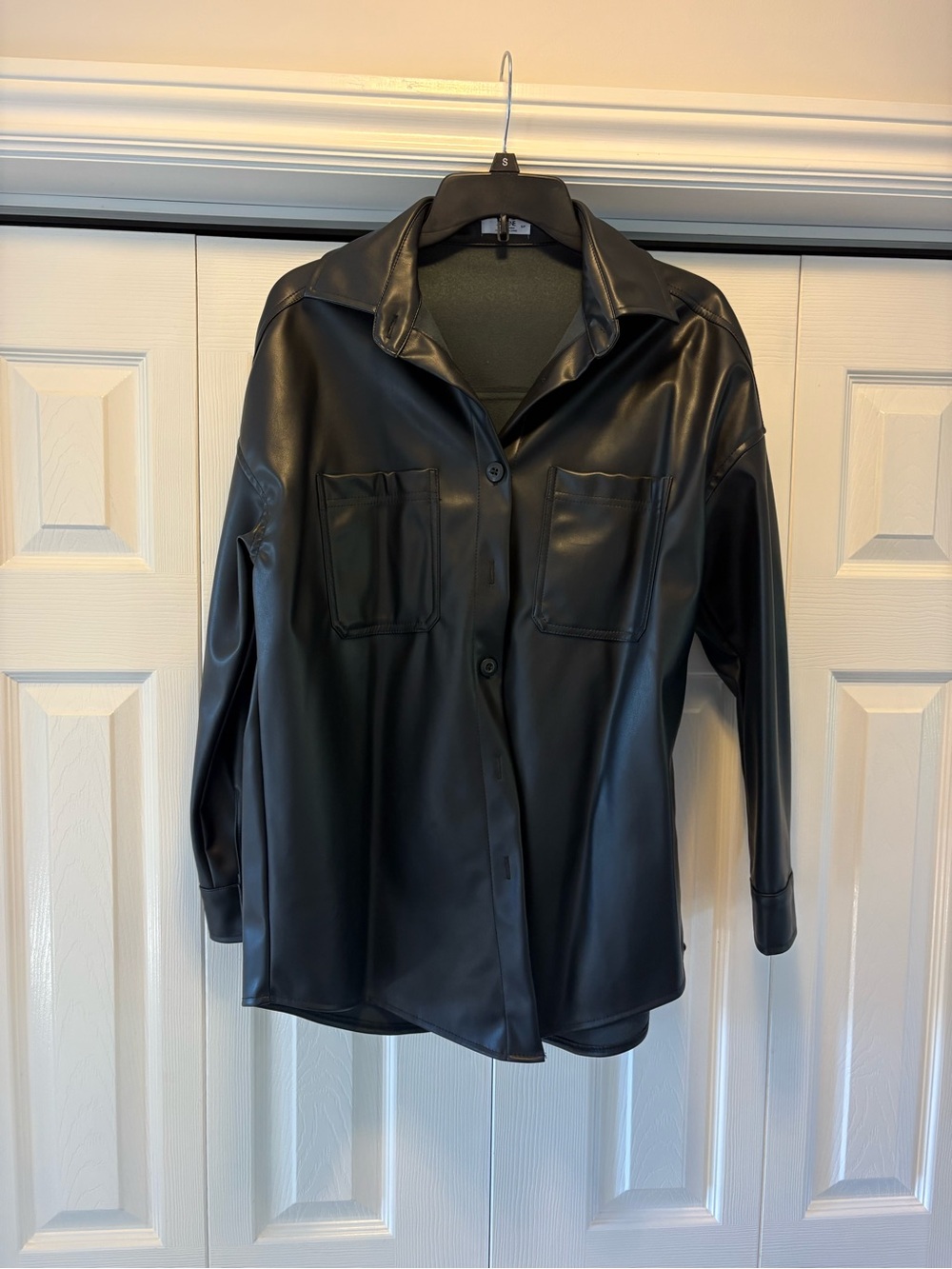 Black Faux Leather Button-Up Shirt Jacket - Women